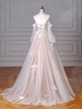 Long Sleeves Tulle Lace Champagne Long Prom Dress, Champagne Long Formal Dress HZ1024