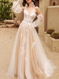 Long Sleeves Tulle Lace Champagne Long Prom Dress, Champagne Long Formal Dress HZ1024