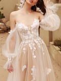 Long Sleeves Tulle Lace Champagne Long Prom Dress, Champagne Long Formal Dress HZ1024