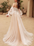 Long Sleeves Tulle Lace Champagne Long Prom Dress, Champagne Long Formal Dress HZ1024