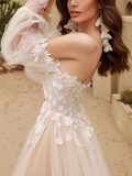 Long Sleeves Tulle Lace Champagne Long Prom Dress, Champagne Long Formal Dress HZ1024