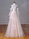 Long Sleeves Tulle Lace Champagne Long Prom Dress, Champagne Long Formal Dress HZ1024