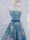 Flower Satin Blue Long Prom Dress, Blue Long Formal Dress HZ1024