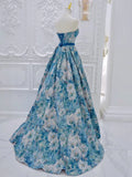 Flower Satin Blue Long Prom Dress, Blue Long Formal Dress HZ1024