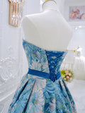 Flower Satin Blue Long Prom Dress, Blue Long Formal Dress HZ1024