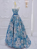 Flower Satin Blue Long Prom Dress, Blue Long Formal Dress HZ1024