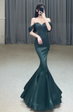 Off Shoulder Satin Ink Blue Long Prom Dress, Ink Blue Long Formal Dress HZ1024