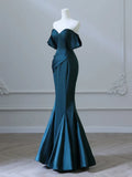 Off Shoulder Satin Ink Blue Long Prom Dress, Ink Blue Long Formal Dress HZ1024