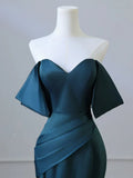Off Shoulder Satin Ink Blue Long Prom Dress, Ink Blue Long Formal Dress HZ1024