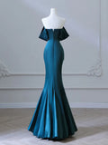 Off Shoulder Satin Ink Blue Long Prom Dress, Ink Blue Long Formal Dress HZ1024