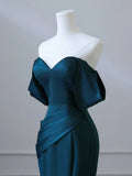 Off Shoulder Satin Ink Blue Long Prom Dress, Ink Blue Long Formal Dress HZ1024