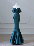 Off Shoulder Satin Ink Blue Long Prom Dress, Ink Blue Long Formal Dress HZ1024