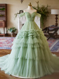 Off Shoulder Sweetheart Neck Tulle Green Long Prom Dress HZ1024