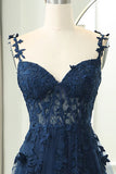 Elegant Sweetheart Neck Tulle Lace Dark Blue Long Prom Dress, Dark Blue Long Evening Dress HZ1024