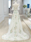 Off Shoulder Tulle Lace Applique White Long Prom Dress, White Long Formal Dress HZ1024