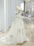 Off Shoulder Tulle Lace Applique White Long Prom Dress, White Long Formal Dress HZ1024