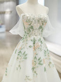 Off Shoulder Tulle Lace Applique White Long Prom Dress, White Long Formal Dress HZ1024