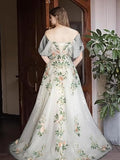 Off Shoulder Tulle Lace Applique White Long Prom Dress, White Long Formal Dress HZ1024