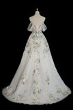Off Shoulder Tulle Lace Applique White Long Prom Dress, White Long Formal Dress HZ1024