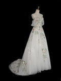Off Shoulder Tulle Lace Applique White Long Prom Dress, White Long Formal Dress HZ1024
