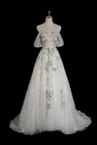 Off Shoulder Tulle Lace Applique White Long Prom Dress, White Long Formal Dress HZ1024