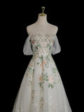 Off Shoulder Tulle Lace Applique White Long Prom Dress, White Long Formal Dress HZ1024