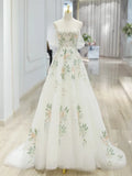 Off Shoulder Tulle Lace Applique White Long Prom Dress, White Long Formal Dress HZ1024