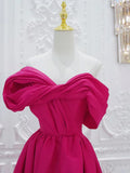 Off Shoulder Satin Rose Red Long Prom Dress, Rose Red Long Evening Dress HZ1024