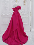 Off Shoulder Satin Rose Red Long Prom Dress, Rose Red Long Evening Dress HZ1024