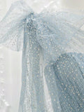 One Shoulder Tulle Sequin Gray Blue Long Prom Dress, Sequin Long Formal Dress HZ1024