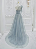 One Shoulder Tulle Sequin Gray Blue Long Prom Dress, Sequin Long Formal Dress HZ1024