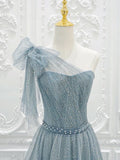 One Shoulder Tulle Sequin Gray Blue Long Prom Dress, Sequin Long Formal Dress HZ1024