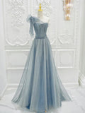 One Shoulder Tulle Sequin Gray Blue Long Prom Dress, Sequin Long Formal Dress HZ1024