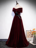 Off Shoulder Velvet Burgundy Long Prom Dress, Burgundy Long Formal Dress HZ1024