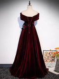 Off Shoulder Velvet Burgundy Long Prom Dress, Burgundy Long Formal Dress HZ1024