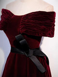 Off Shoulder Velvet Burgundy Long Prom Dress, Burgundy Long Formal Dress HZ1024