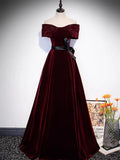 Off Shoulder Velvet Burgundy Long Prom Dress, Burgundy Long Formal Dress HZ1024