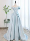 Blue Satin Tulle Long Prom Dress, Blue Tulle Long Evening Dresses HZ1024