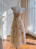 Tulle Sequin Beads Champagne Tea Length Prom Dress, Champagne Homecoming Dress HZ1024