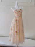 Tulle Sequin Beads Champagne Tea Length Prom Dress, Champagne Homecoming Dress HZ1024