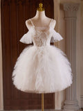 Tulle Lace Light Champagne Short Prom Dress, Cut Homecoming Dress HZ1024