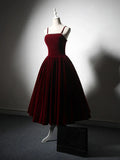 Velvet Tea Length Burgundy Prom Dress, Burgundy Cocktail Dress HZ1024