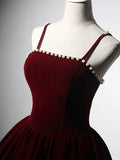Velvet Tea Length Burgundy Prom Dress, Burgundy Cocktail Dress HZ1024