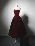 Velvet Tea Length Burgundy Prom Dress, Burgundy Cocktail Dress HZ1024