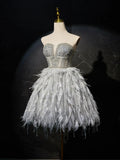 Sweetheart Neck Tulle Beads Feather Short Prom Dress, Cute Gray Homecoming Dress HZ1024