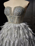 Sweetheart Neck Tulle Beads Feather Short Prom Dress, Cute Gray Homecoming Dress HZ1024