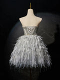 Sweetheart Neck Tulle Beads Feather Short Prom Dress, Cute Gray Homecoming Dress HZ1024