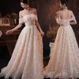Off Shoulder Lace Tulle Long Prom Dress, Pink Long Formal Dress HZ1024