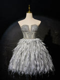 Sweetheart Neck Tulle Beads Feather Short Prom Dress, Cute Gray Homecoming Dress HZ1024