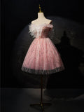 A-Line Tulle Lace Short Prom Dress, Pink Cocktail Dress HZ1024